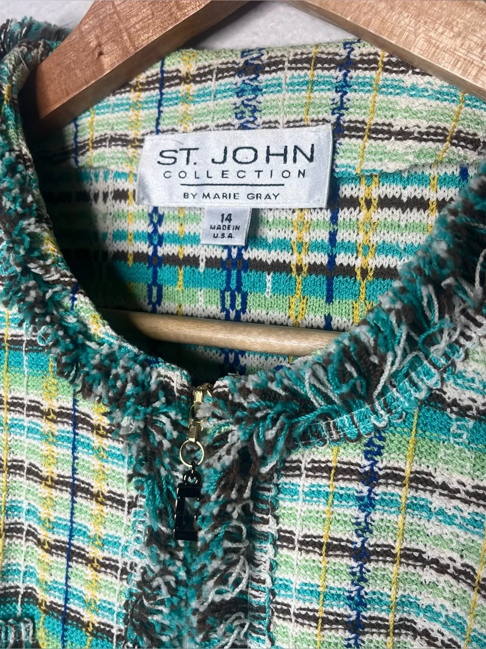 St John Green Plaid Tweed Novelty Knit Zip Up Cardigan Jacket - Picture 6 of 7